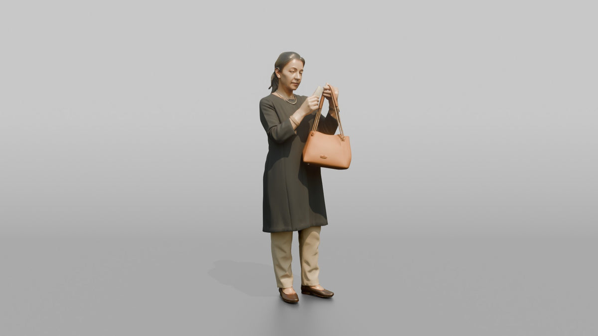 Woman Customer Examining The Price Tag On A Handbag - 3D character model