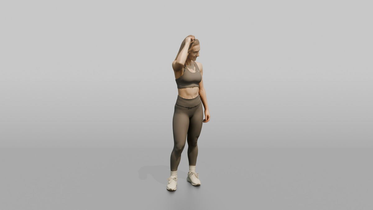 Fitness Influencer Woman Standing With One Hand Adjusting A High Ponytail - 3D character model, view 2