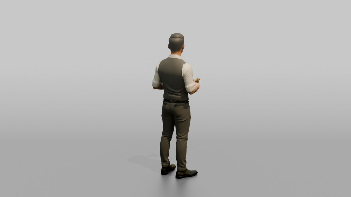 Bartender Man Holding Two Cocktail Glasses - 3D character model, view 3