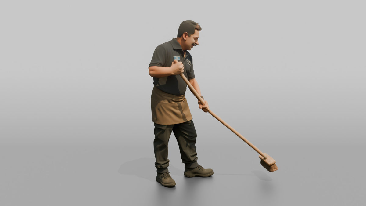 Man Store Employee Sweeping The Floor With A Broom - 3D character model, view 2