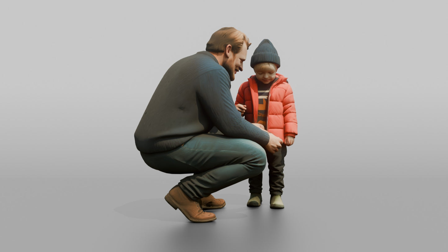 Dutch Man Crouching to Help a Child with a Coat