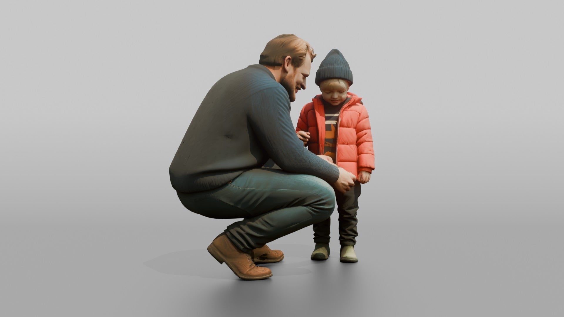 Dutch Man Crouching to Help a Child with a Coat