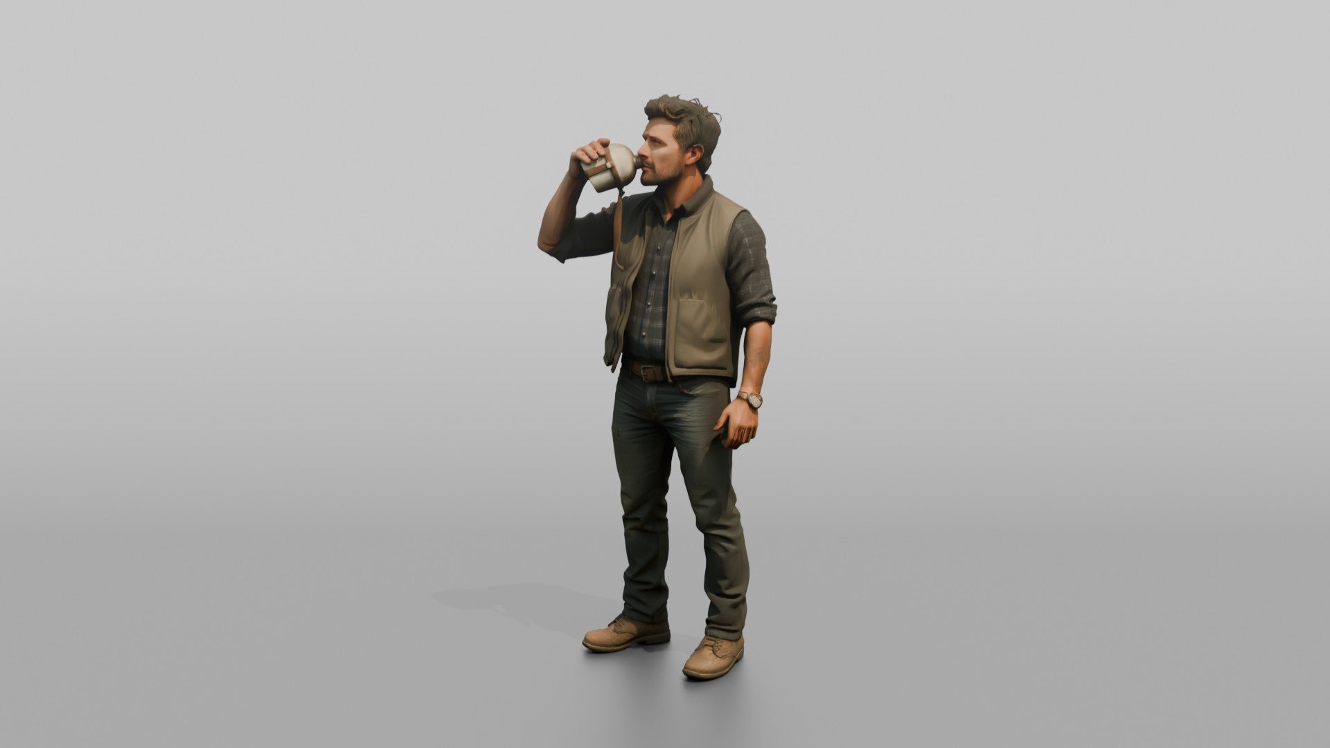Farmer Taking Drink From Vintage Stainless Steel