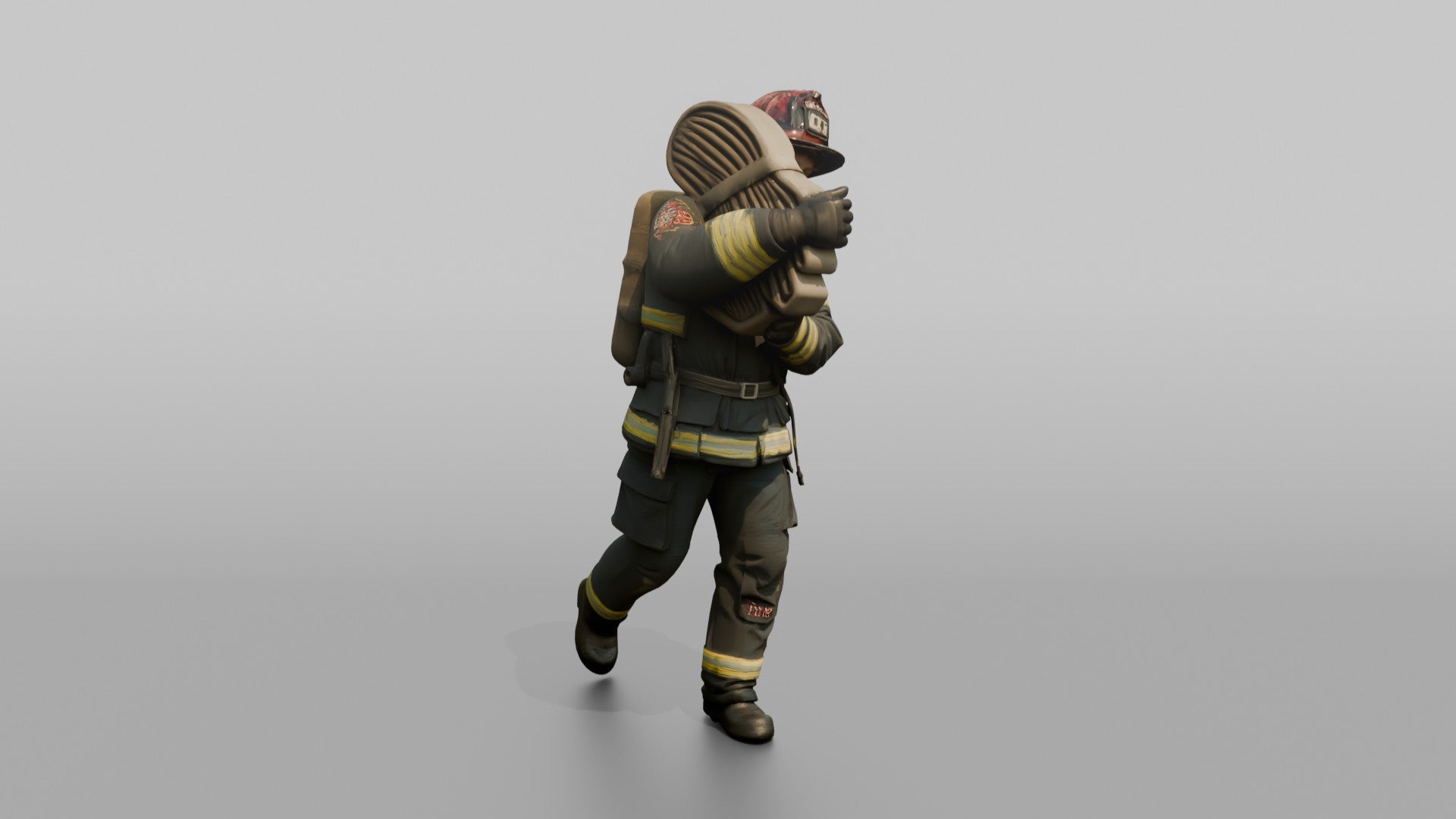 Firefighter Man Hoisting a Heavy Folded Hose Pack Onto His Shoulder