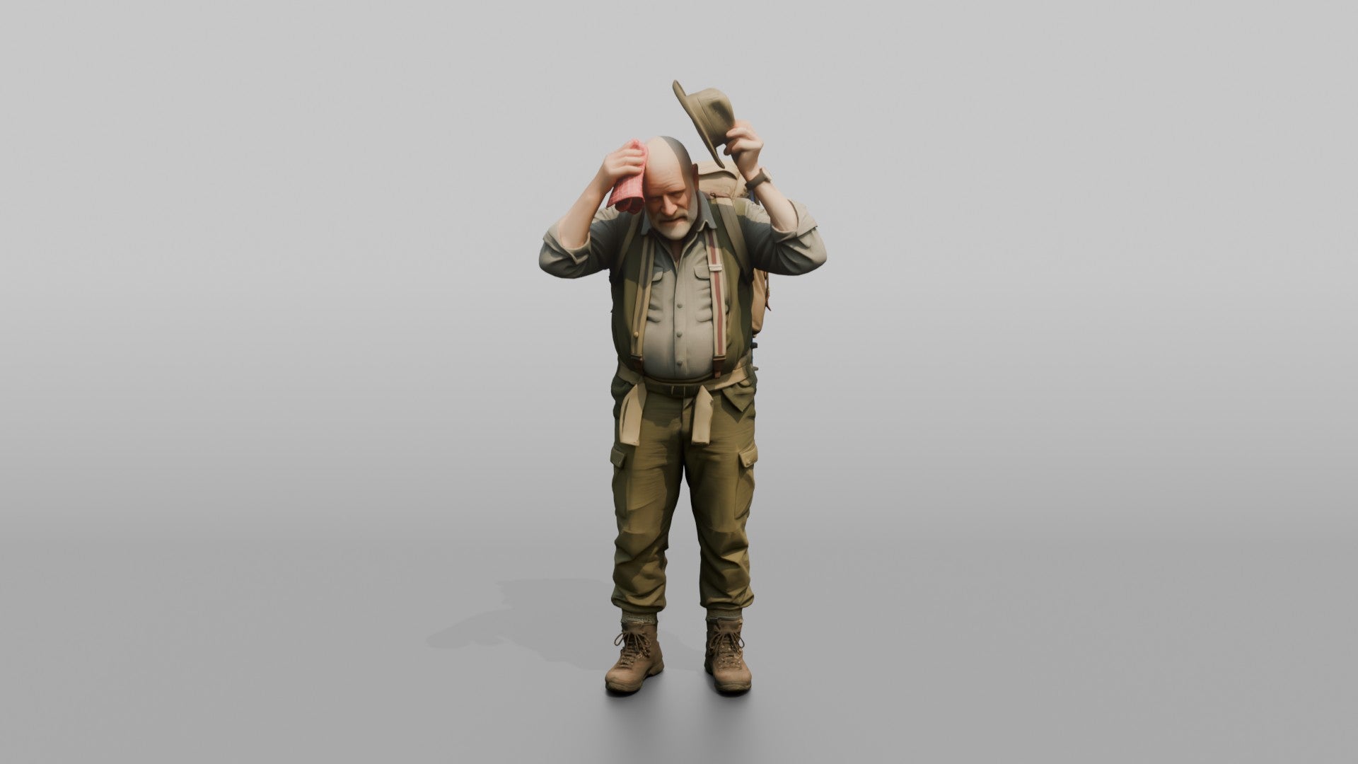 Hiker Wiping His Head with a Handkerchief