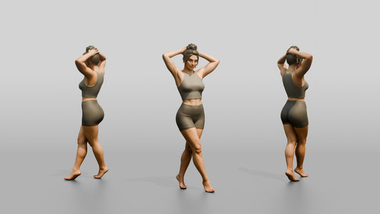 Woman in Olive Activewear with Hands in Her Hair - 3D character model