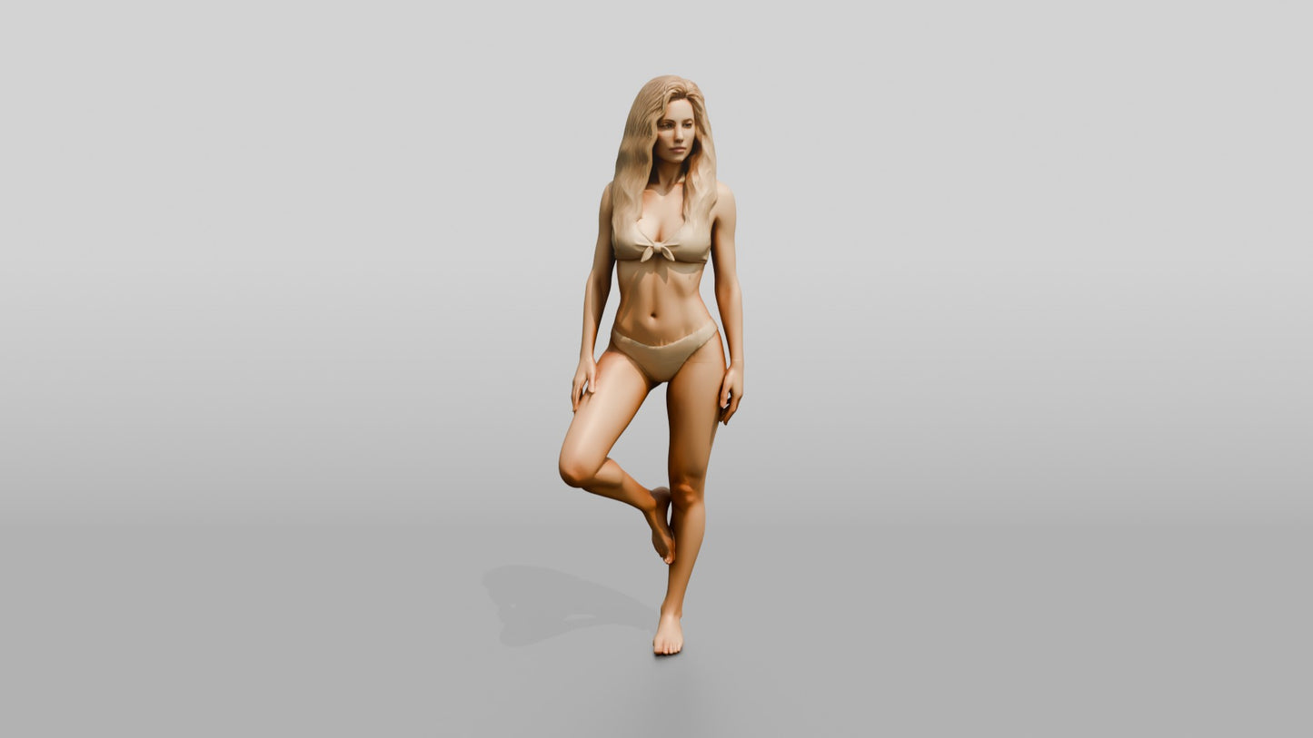 Blonde Woman in Cream Two-Piece Swimsuit Tree Pose