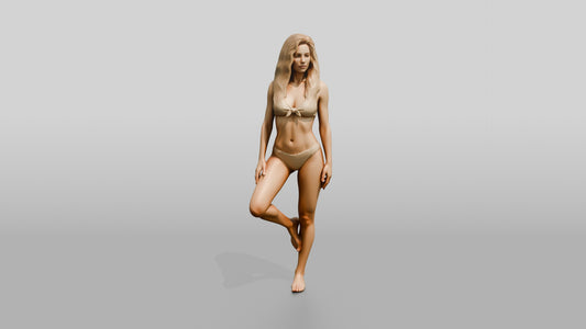 Blonde Woman in Cream Two-Piece Swimsuit Tree Pose - 3D character model, view 1