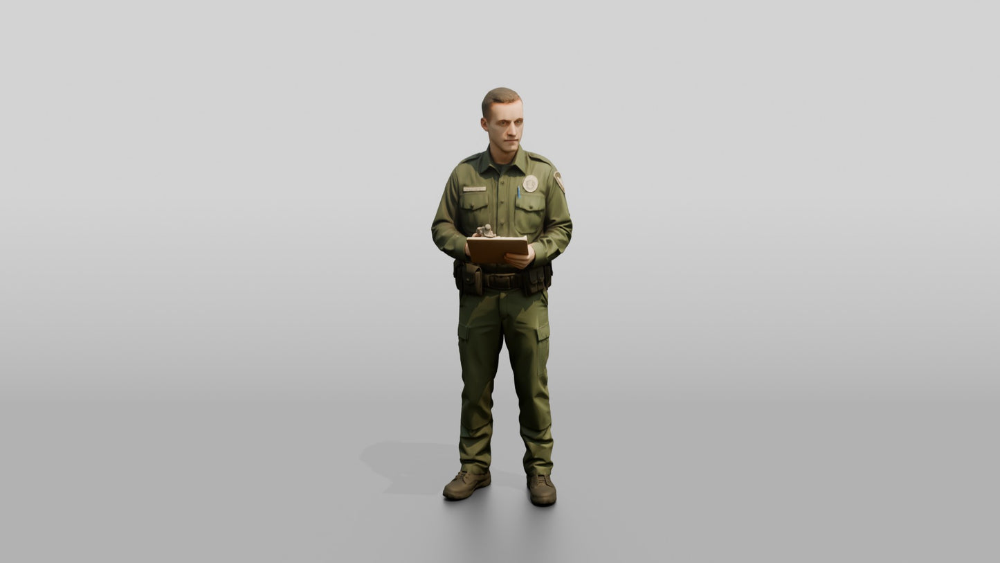 Caucasian Male Guard in a Dark Green Tactical Uniform