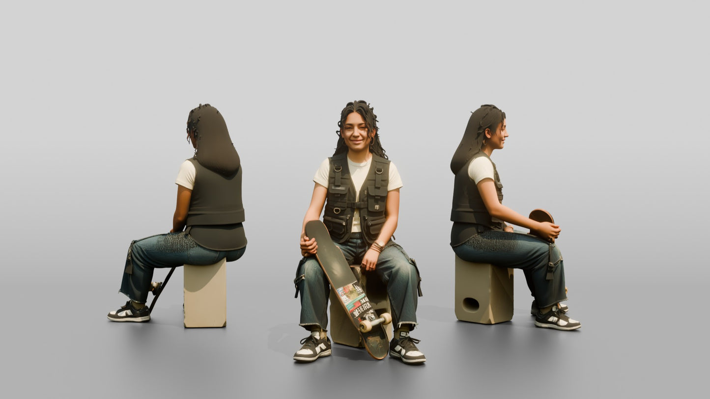 Skater Woman in Utility Vest with Skateboard
