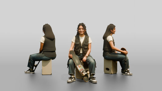 Skater Woman in Utility Vest with Skateboard