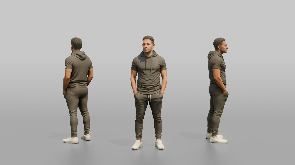 Fitness Influencer Man Standing With Hands In Pockets, Looking To The Side - 3D character model, view 1